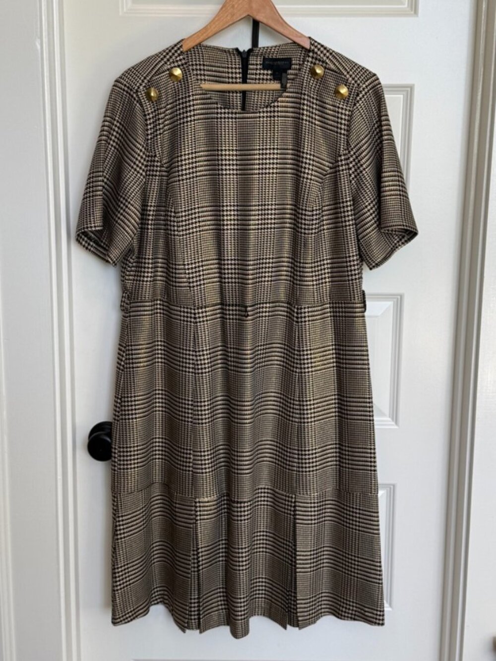 Brown and Gold Houndstooth Belted Dress - size 14